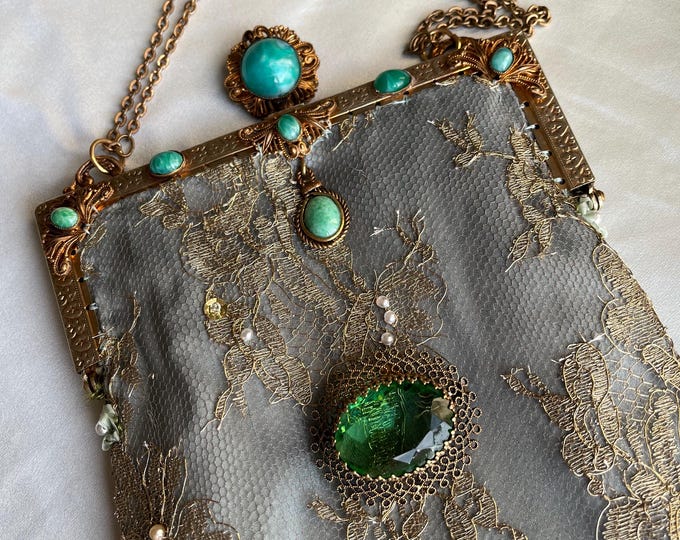 Antique Gilt Purse with Peking glass Stones & Gold French Lace