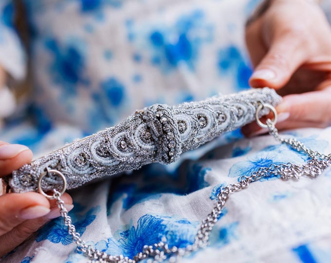 Antique  micro beaded purse frame remade in silver beaded lace over white silk.