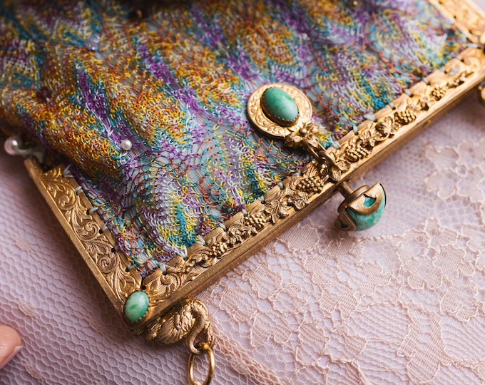 Antique jewelled purse frame remade in vintage silk