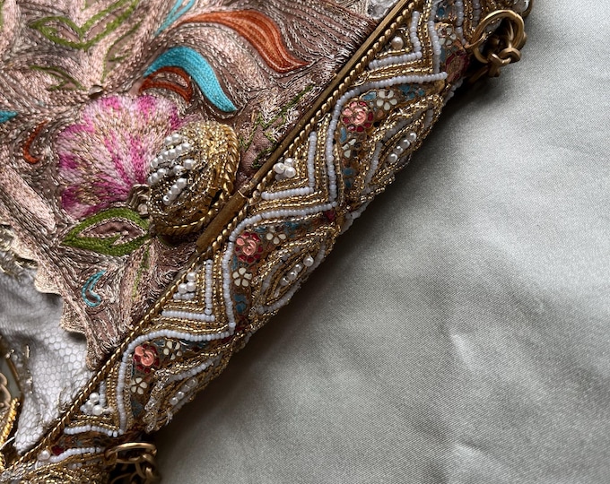 Antique  micro beaded purse frame remade in gold lace and embroidered silk