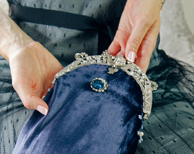 Antique silver purse frame remade in beautiful navy silk velvet