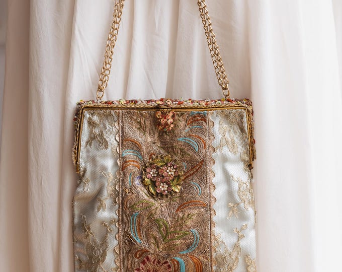 Antique Beaded enamel Purse frame Remade andUpcycled in Gold Lace & Embroidered braid