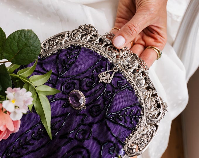 Antique  silver hall  marked purse frame remade in vintage beaded lace over purple silk.