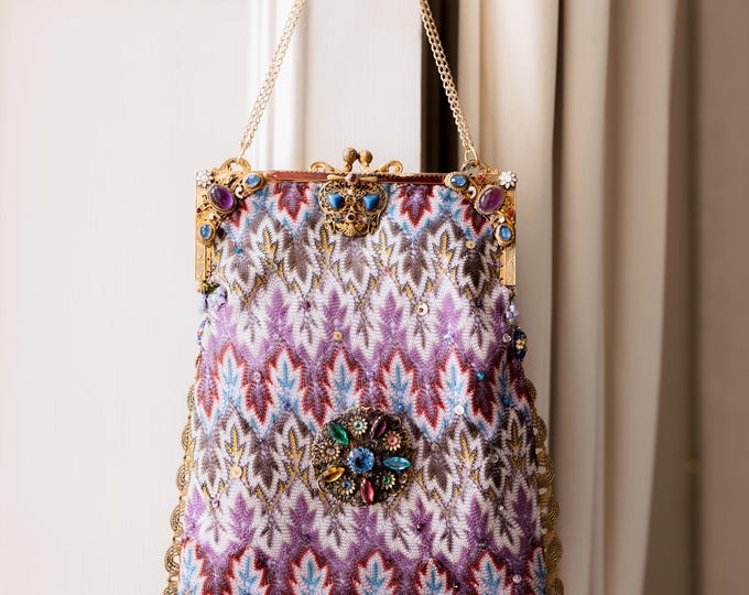 Antique jewelled purse frame remade in vintage silk