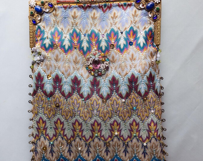 Antique jewelled purse frame remade in vintage silk