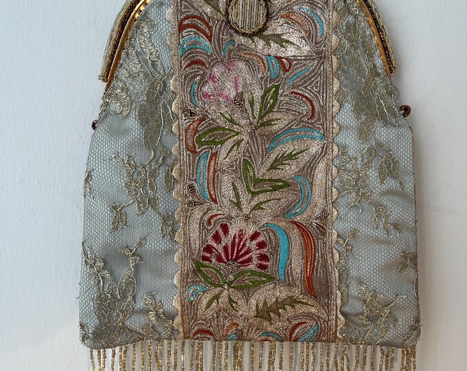 Antique Beaded Purse: Upcycled Gold Lace & Embroidered Details