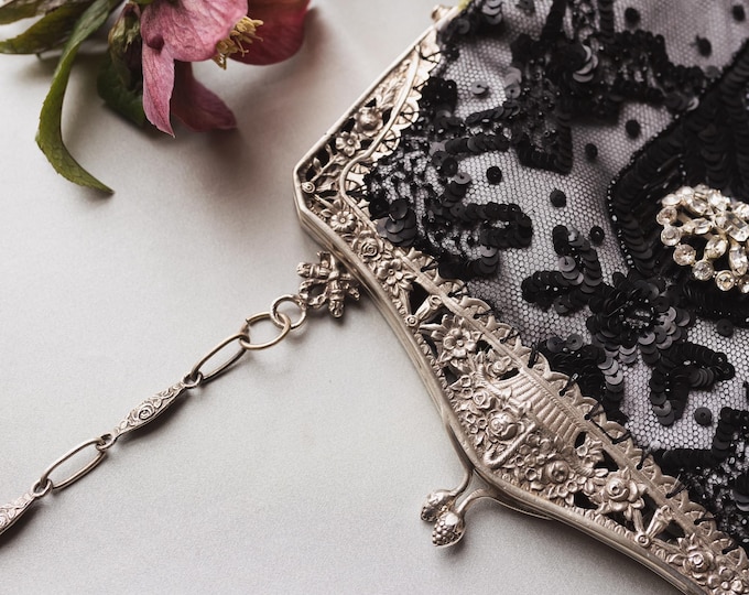 Antique Silver (800) Beaded Lace Purse, Vintage style evening Bag