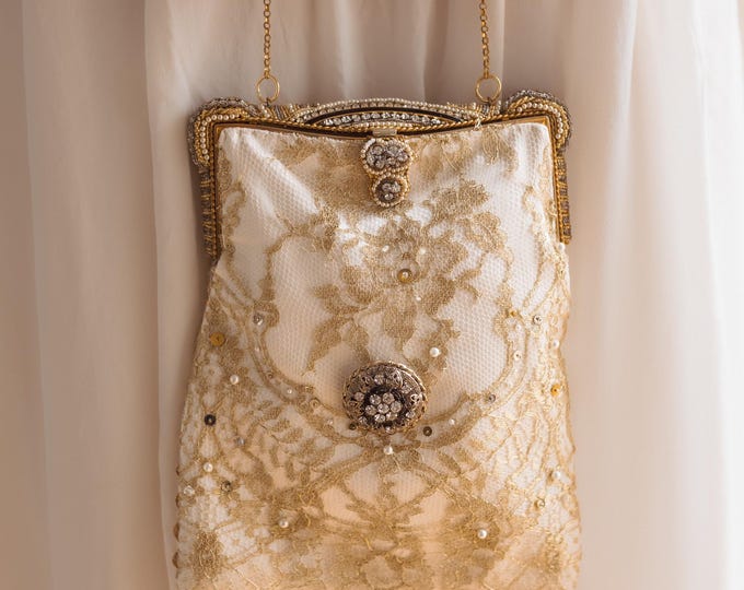 Antique Rhinestone and pearl purse frame with UpCycled and remade in gold lace