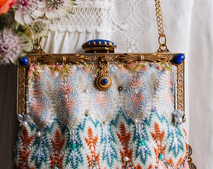 Antique jewelled purse frame remade in vintage silk