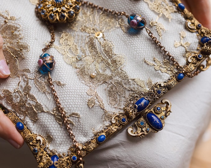 Antique carved gilt purse frame with Lapis stones UpCycled and remade in gold lace