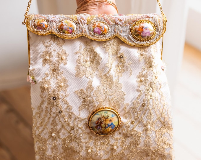Antique Limoges Cameo Beaded Purse: Upcycled Lace Bridal Bag
