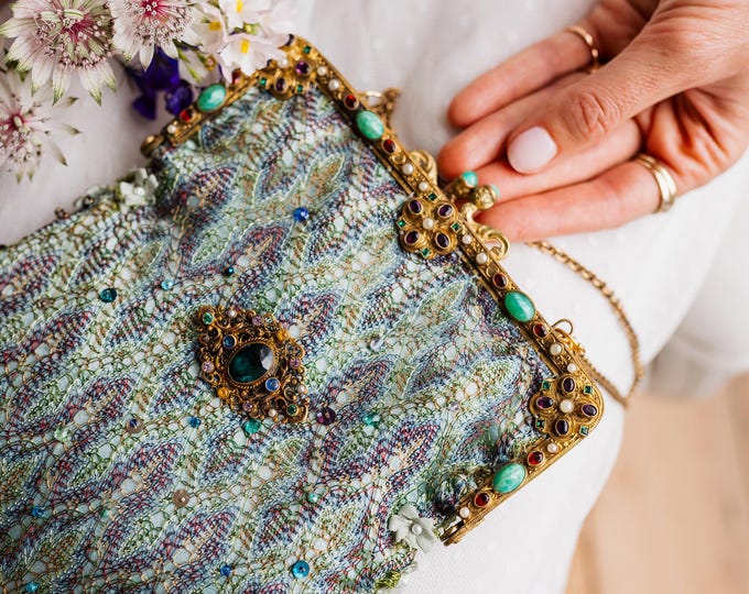 Antique jewelled purse frame remade in vintage silk