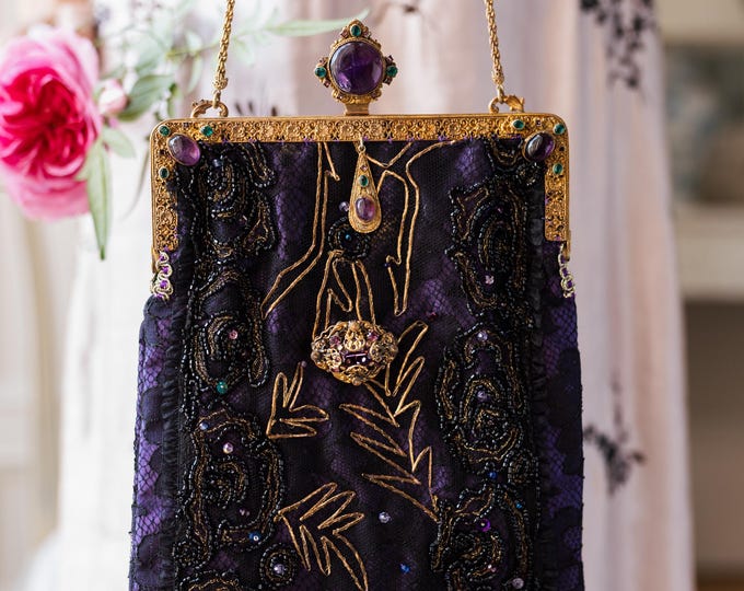 Antique jewelled purse frame  with Amethyst stone remade in antique beaded silk