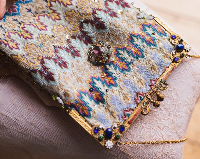 Antique jewelled purse frame remade in vintage silk