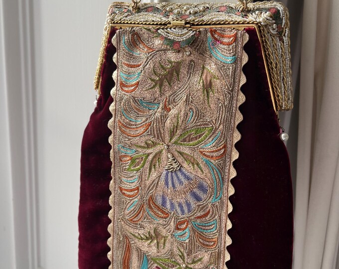 Antique Micro beaded enamel frame remade in velvet and vintage embroidered silk