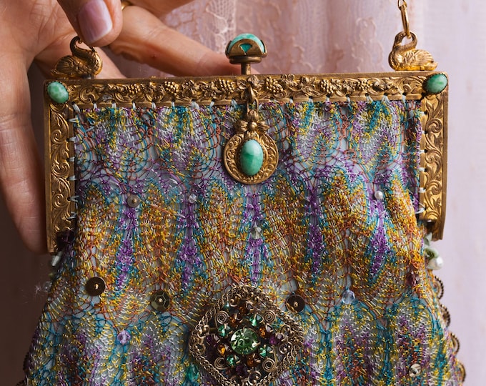 Antique jewelled purse frame remade in vintage silk