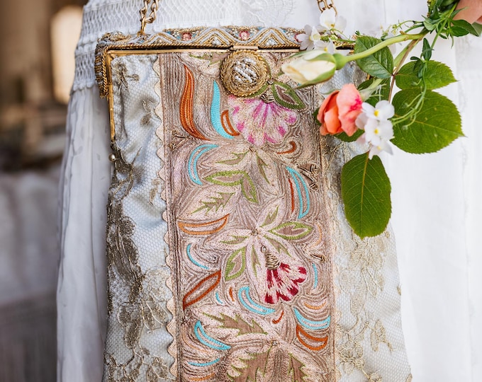 Antique  micro beaded purse frame remade in gold lace and embroidered silk
