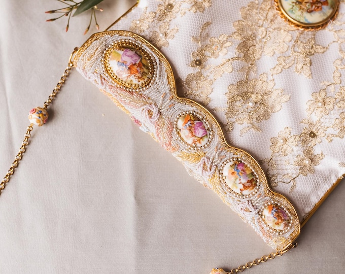Antique Limoges Cameo Beaded Purse: Upcycled Lace Bridal Bag