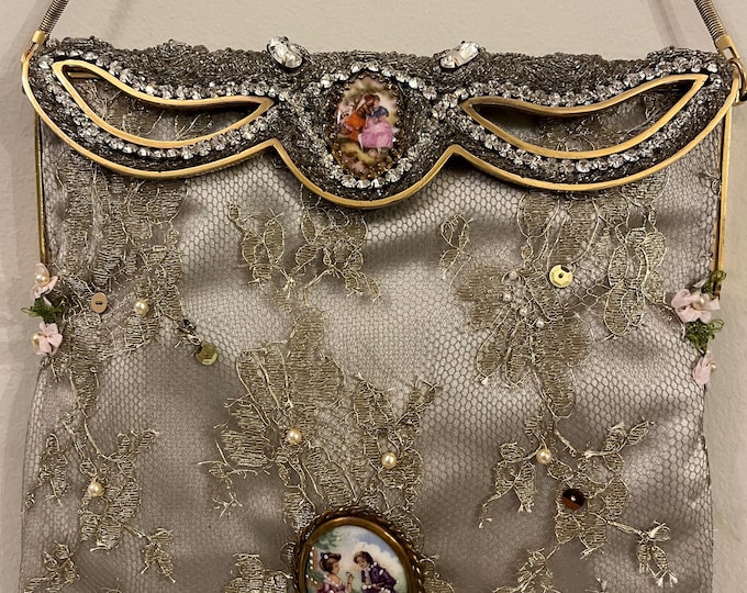 Antique Limoges Cameo Beaded Purse: Upcycled Gold Lace evening Bag