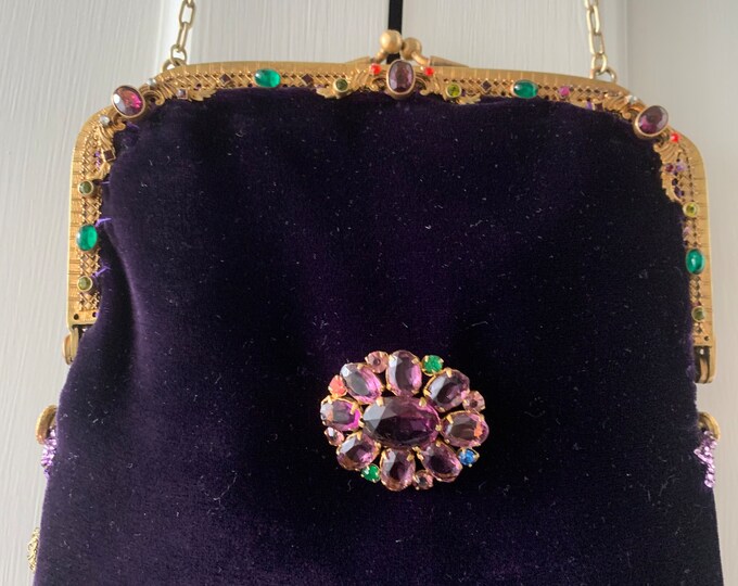 Antique gilt jewelled purse frame UpCycled and remade in deep purple silk velvet.