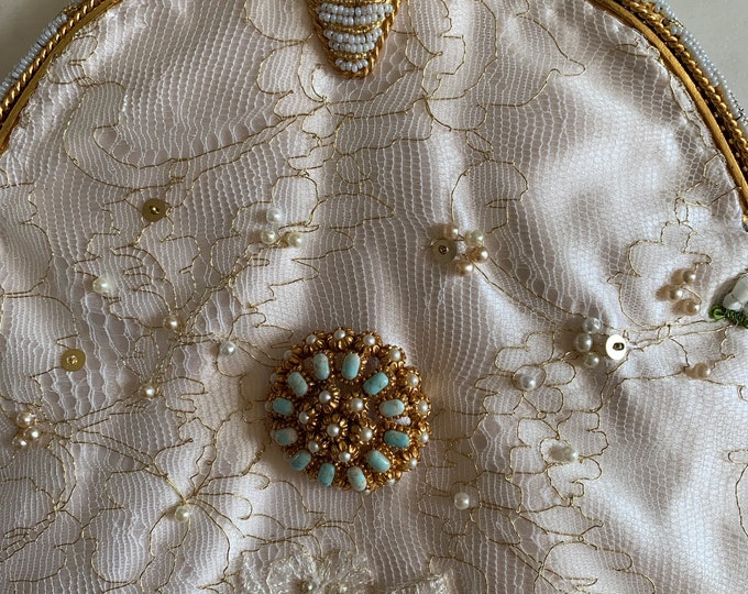Antique 1940 s french beaded handled purse UpCycled and remade in hand beaded french lace and Vintage Limoges Porcelain brooch.
