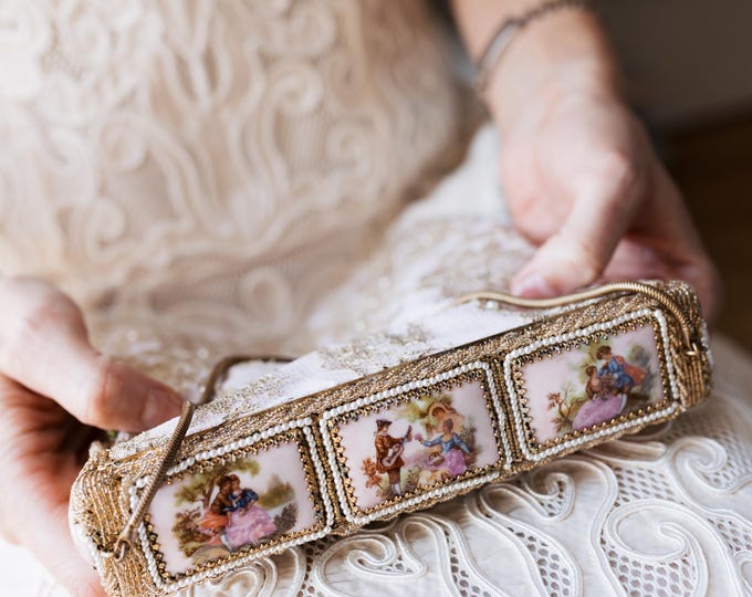 Antique Limoges Cameo Beaded Purse: Upcycled Gold Lace evening Bag