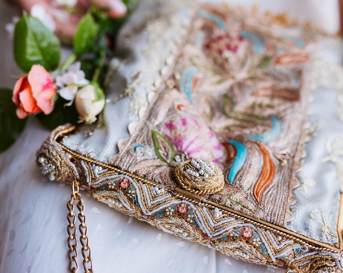 Antique  micro beaded purse frame remade in gold lace and embroidered silk