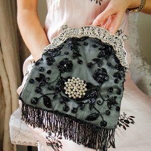 1920 s antique (800) silver purse frame UpCycled and remade in  vintage black beaded silk .