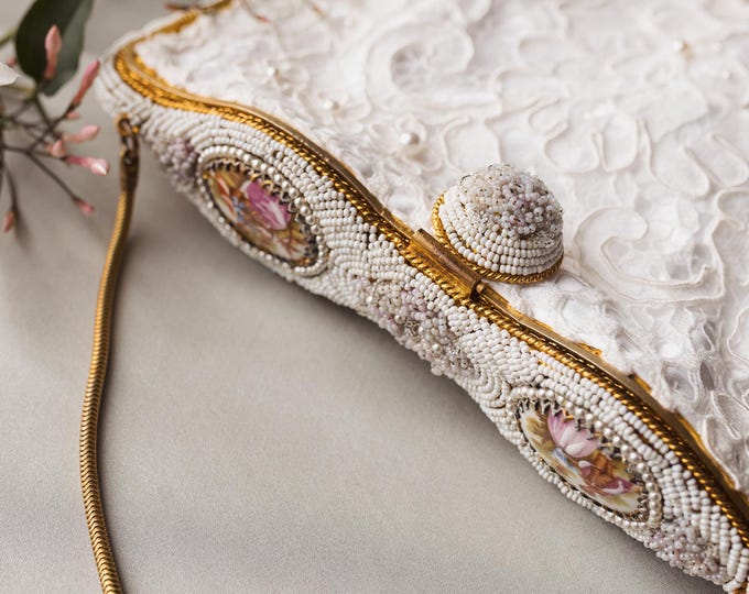 Antique Limoges Cameo Beaded Purse: Upcycled Lace Bridal Bag