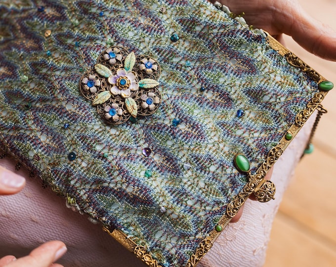 Antique jewelled purse frame remade in vintage silk