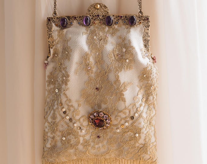 Antique Gilt Purse with Amethyst Stones & Gold French Lace