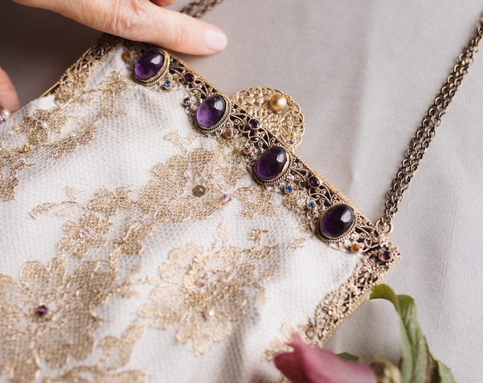Antique Gilt Purse with Amethyst Stones & Gold French Lace