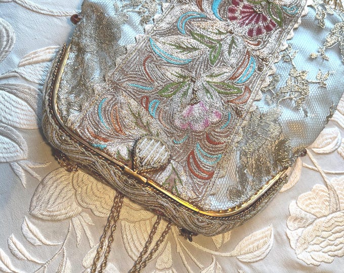Antique Beaded Purse: Upcycled Gold Lace & Embroidered Details