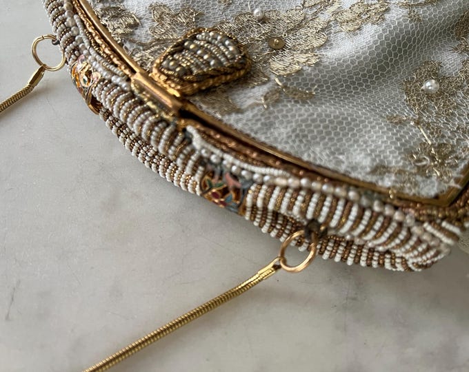 Antique  micro beaded purse frame remade in French gold beaded lace over  silver silk.