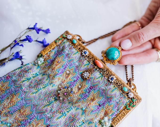 Antique jewelled purse frame remade in vintage silk
