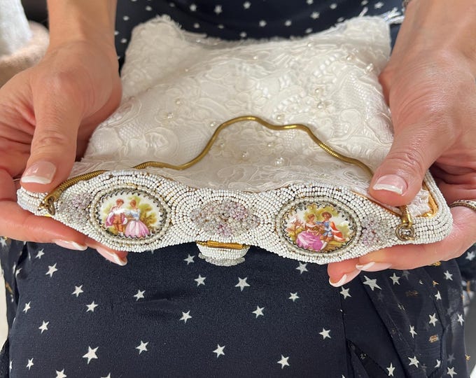 Antique Limoges Cameo Beaded Purse: Upcycled Lace Bridal Bag