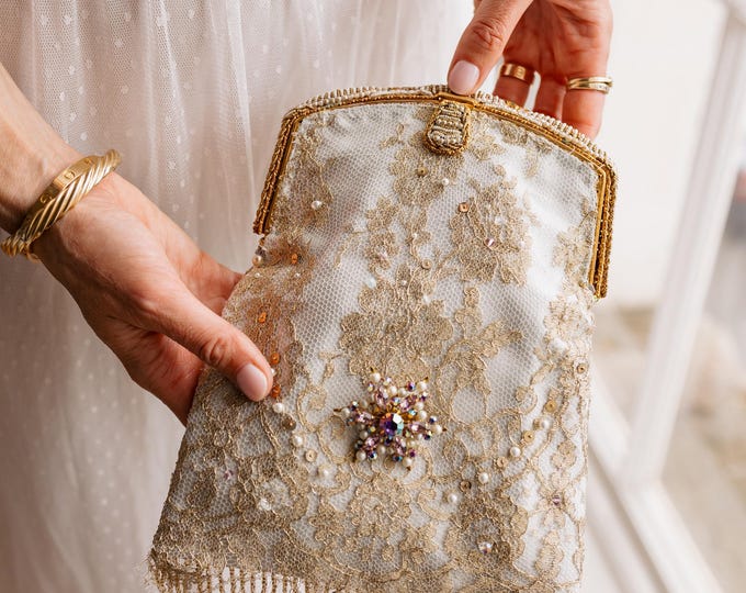 Antique  micro beaded purse frame remade in French gold beaded lace over  silver silk.