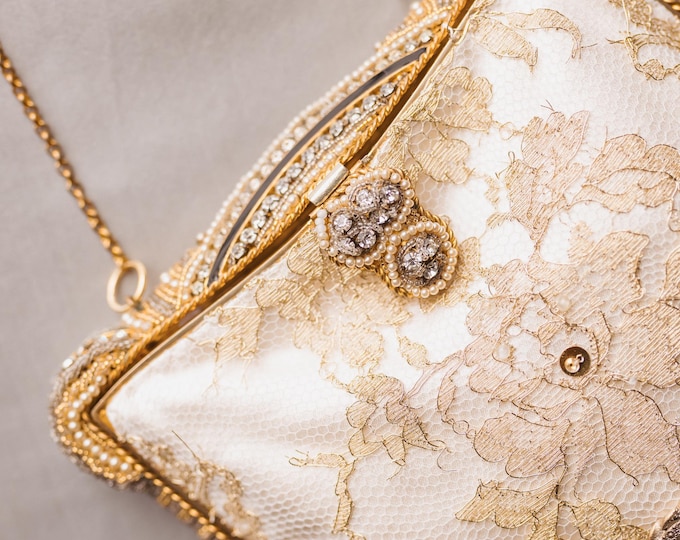 Antique Rhinestone and pearl purse frame with UpCycled and remade in gold lace