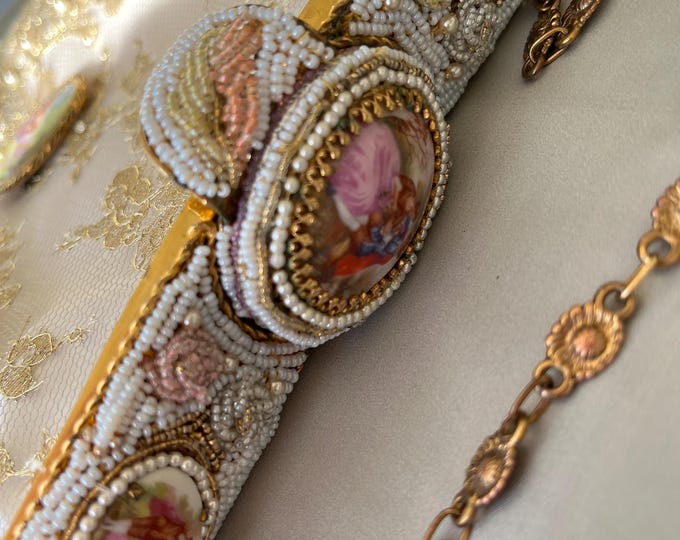 A Limoges porcelain Cameo Beaded Purse: Upcycled Lace Bridal Bag .