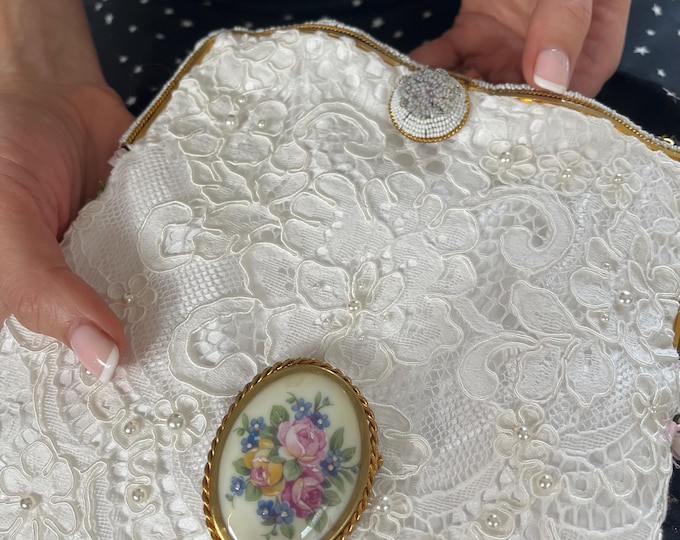 Antique Limoges Cameo Beaded Purse: Upcycled Lace Bridal Bag