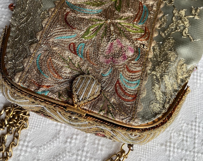 Antique Beaded Purse: Upcycled Gold Lace & Embroidered Details