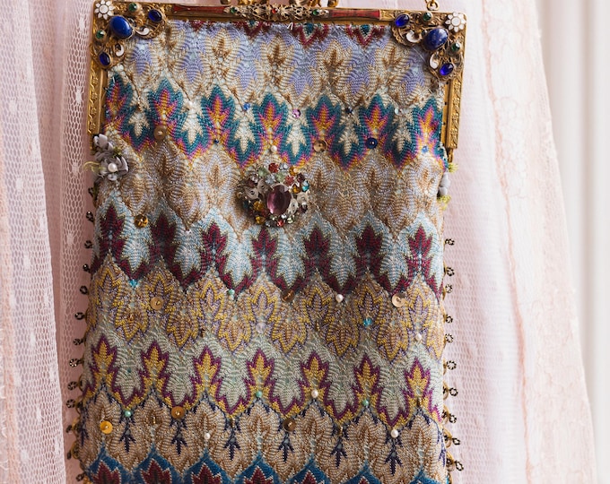 Antique jewelled purse frame remade in vintage silk