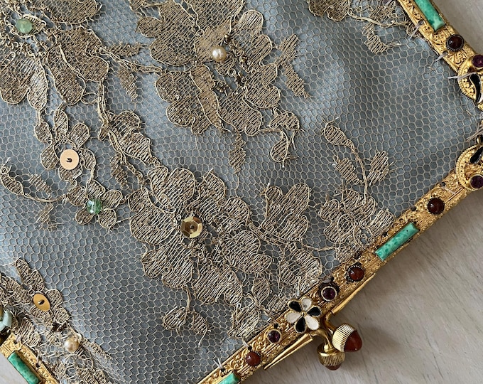 Antique jewelled purse frame  with Peking  glass stones remade in gold lace and Silk