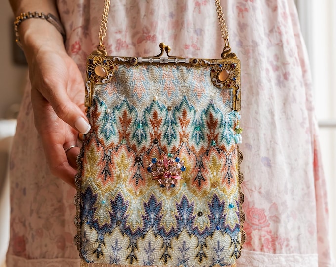 Antique jewelled purse frame remade in vintage silk