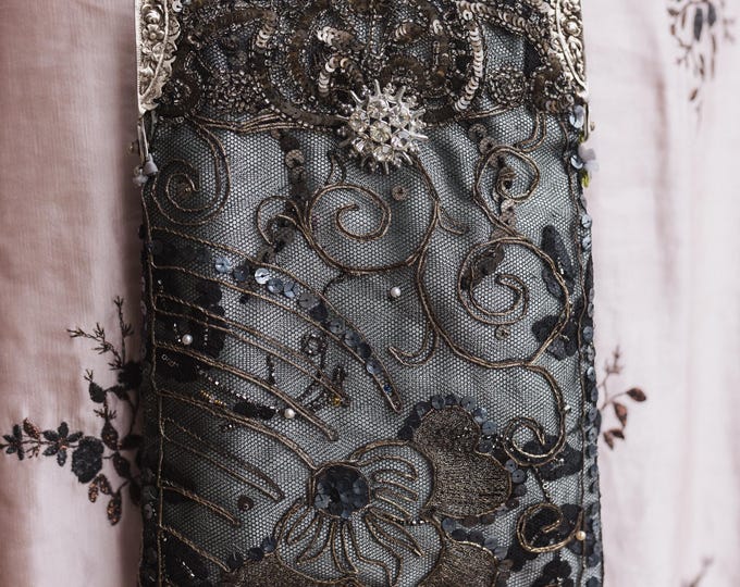 Antique Silver (800) Beaded Lace Purse, Vintage style evening Bag