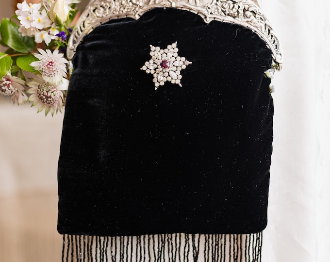 Antique  silver hall  marked 800 purse frame remade in black silk velvet.