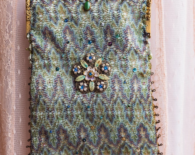 Antique jewelled purse frame remade in vintage silk