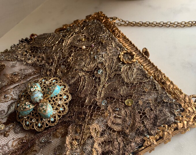 Antique gilt fillagree purse frame UpCycled and remade in antique gold lace.