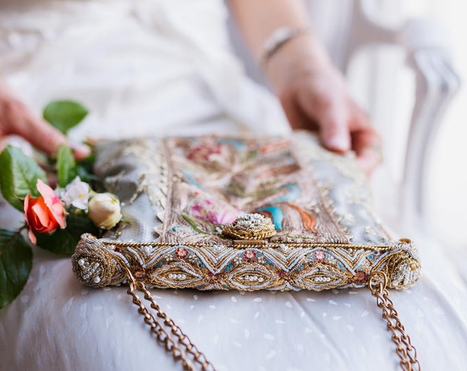 Antique  micro beaded purse frame remade in gold lace and embroidered silk