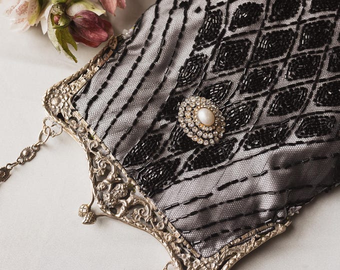 Antique Silver (800) Beaded Lace Purse, Vintage style evening Bag